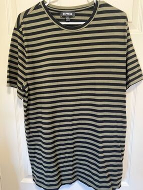 Express Olive and Black Striped Short Sleeve Crew Tee